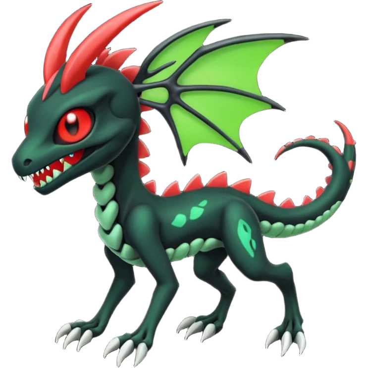 Obsidian-black and neon-glowing-green skeletal Meloetta-Salandit-Nargacuga-Zygarde-Pokémon-Fakémon-creature-fusion-hybrid with glowing crimson-red evil slit eyes emoji