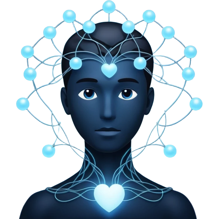 elegant man silhouette with delicate interconnected lines and floating orbs, luminous cores at head and heart, soft white-blue light emoji
