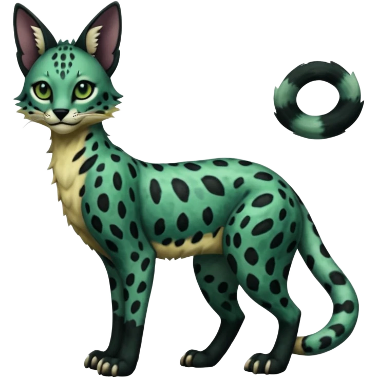 Epic complex detailed dark dusky gloomy deep gothic dark-deep-green, black, realistic Fakémon-Sprigatito-Floragato-Meowscarada-Trico-Sergal-Serval-Vernid-creature (full body) emoji