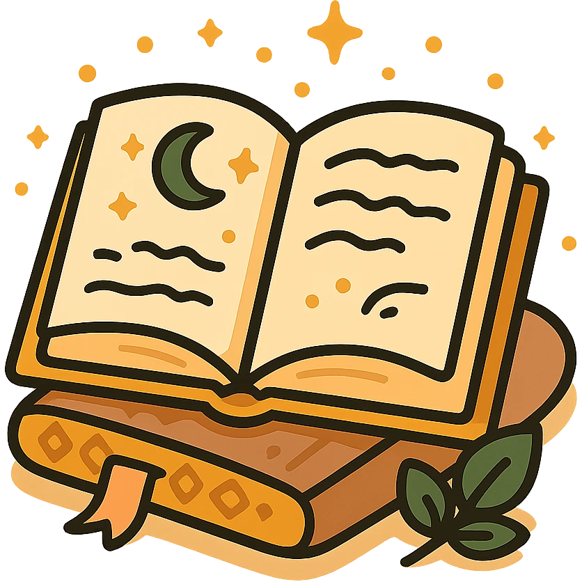  cute open book lying on a cozy surface, designed in a soft and magical color palette: golden orange (FA9B41), deep forest green (4A7C5C), warm taupe brown (96775A), and pastel peach (FFCC9A). The pages are slightly aged with gentle curves, featuring whimsical illustrations, tiny stars, and elegant handwritten text. The book cover, visible beneath the open pages, has decorative patterns and a ribbon bookmark in peach and green tones. Around the book, add soft light, a few leaves, or glowing sparkles, creating a dreamy, enchanted, storybook-like atmosphere. The overall mood is warm, magical, and gentle emoji