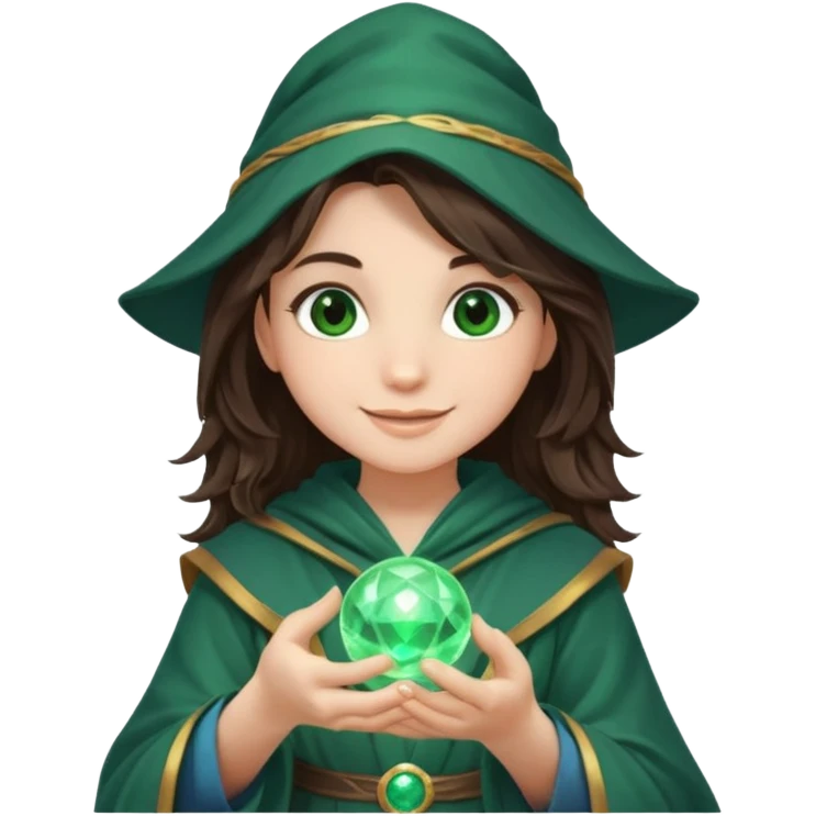 A teen brunette mage with tousled hair, holding a tiny glowing orb and smiling confidently. emoji