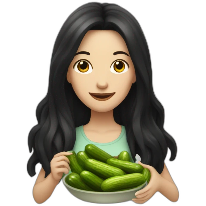 white woman with black long hair while eating pickles emoji