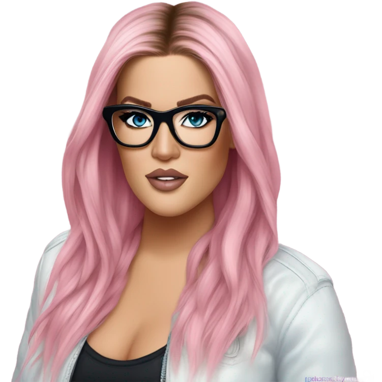 Photo Realistic khloe kardashian stylish pink hair BLUE eyes and glasses rock chick emoji