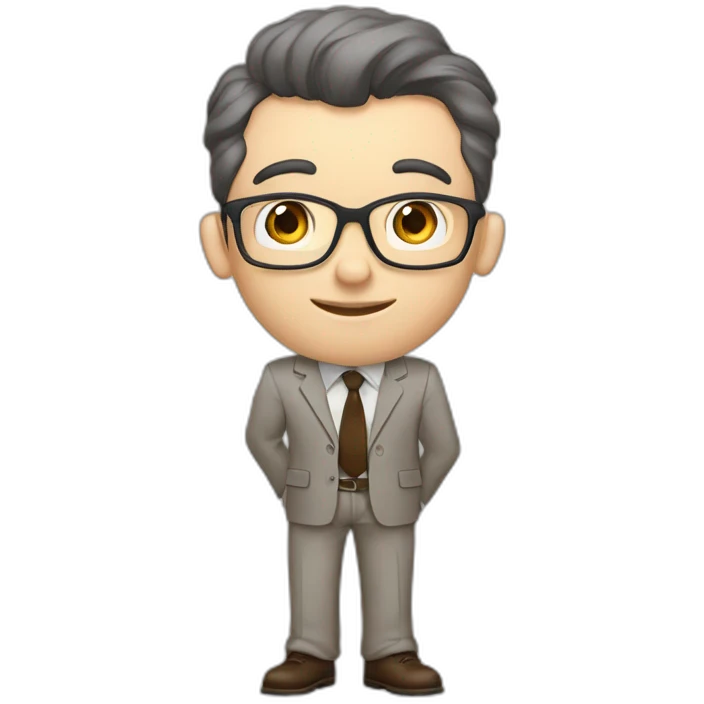 Pale skinned fit man with dark brown hair in gray jacket, beige office shirt, brown tie, brown pants and vintage glasses Writing on the flipchart emoji