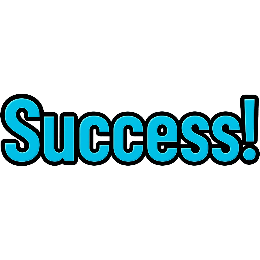 text 'Success!' in bold font, cyan blue color, lineal color icon with black outlines emoji