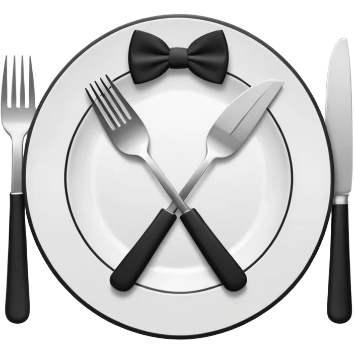 Minimalistic flat vector icon, iOS style, thin black contour on white background. Fork and knife crossed on a plate with a small bow tie above. Clean, no text, no shadows emoji