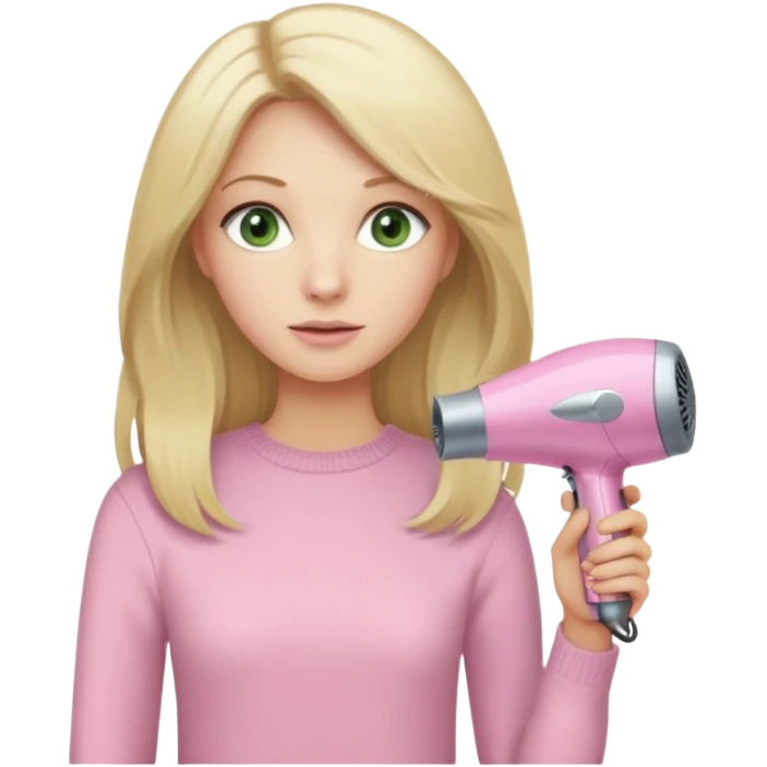 blonde with long hair and pale green eyes, wearing a beige sweater, holding a pink Dyson hair dryer, iOS emoji style emoji