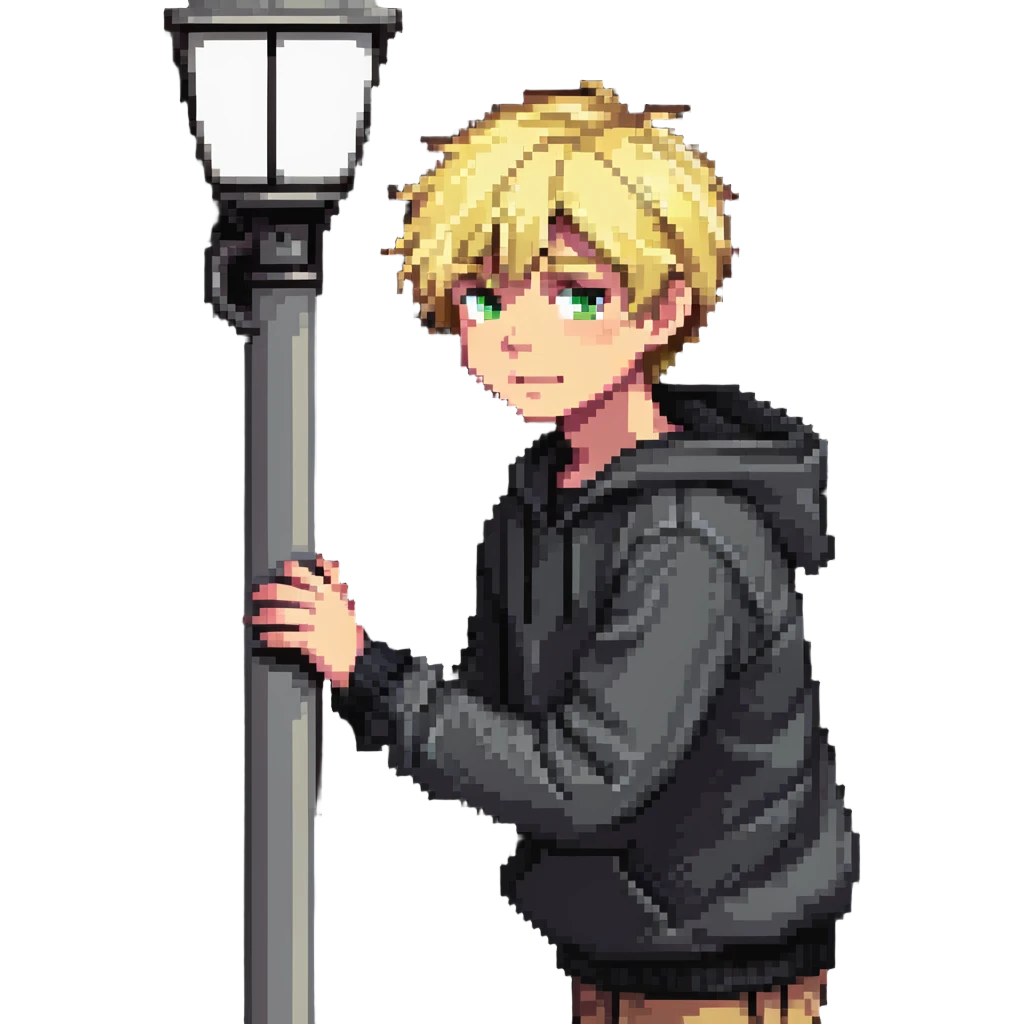 blond boy, short hair, 13 years old, clinging to a lamppost in a storm emoji