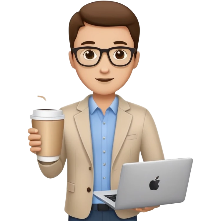 business owner confidently, holding a closed laptop in one hand and a takeaway coffee cup in the other. The character wears casual-smart clothes. emoji