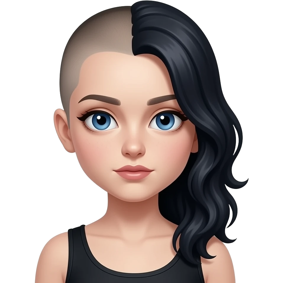 Goth girl with half of her hair shaved, the unshaved part is really long and wavy and blue eyes emoji