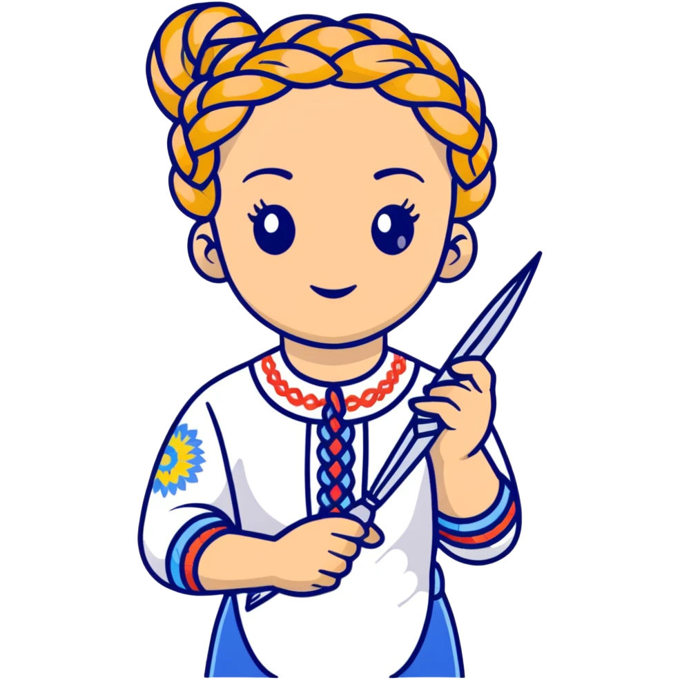 Ukrainian young girl with braided hair wearing a white embroidered traditional shirt (vyshyvanka) holding scissors and colorful craft paper emoji