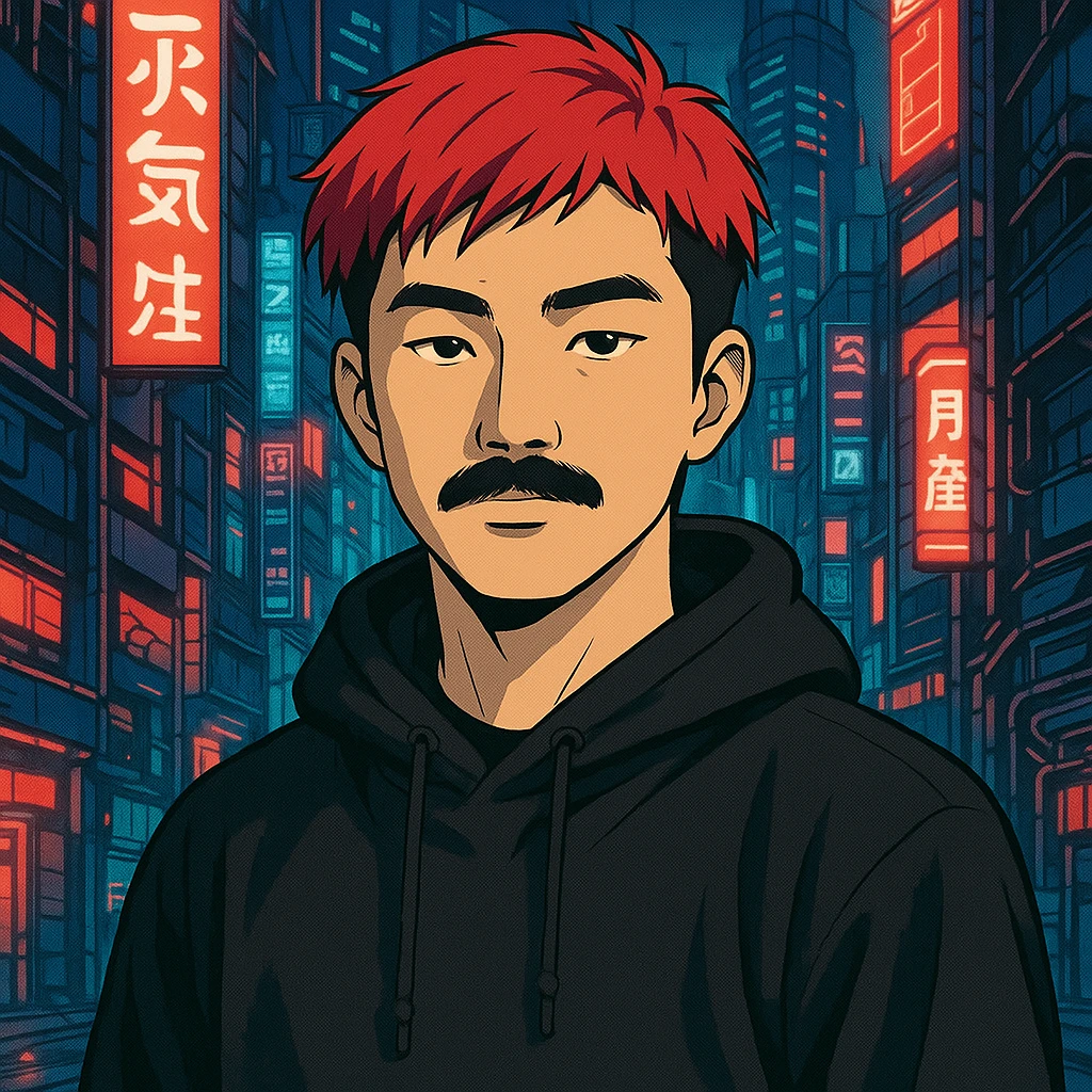 Asian man with black mustache, red hair, black hoodie, futuristic city background, Japanese cyberpunk anime style emoji