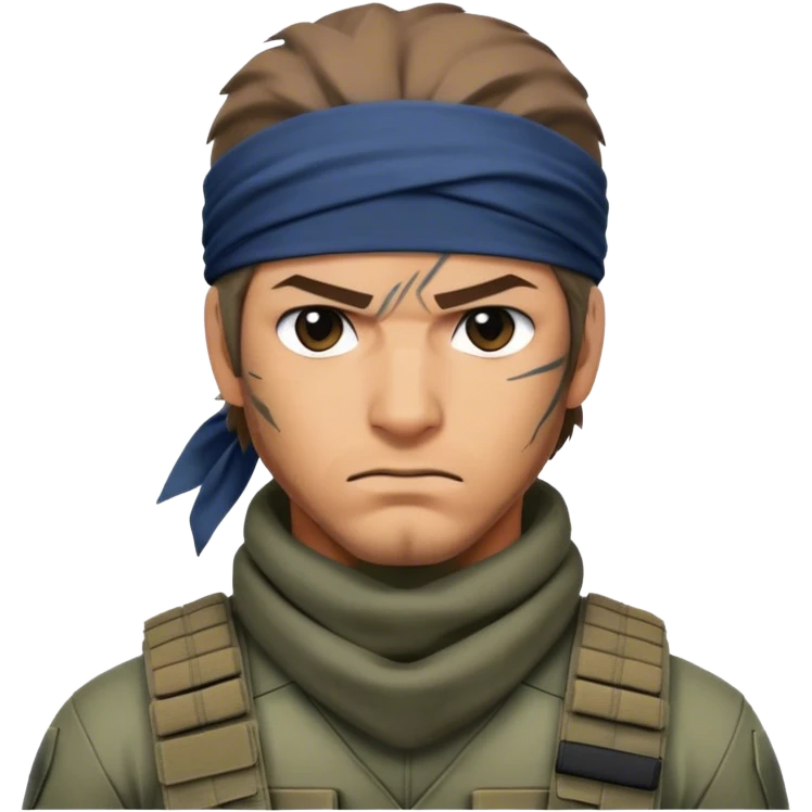 Design an emoji of Solid Snake, the iconic character from the Metal Gear series. Ensure it captures his stealthy demeanor and rugged appearance. Consider including elements like his bandana, tactical gear, and serious expression. The emoji should convey a sense of espionage and action, suitable for fans of the stealth-action genre. emoji