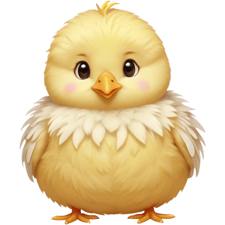 Cinematic round fluffy chick, golden yellow, tiny beak and feet, soft downy feathers, sparkling gentle eyes, sitting on a pastel-colored cushion, radiating warmth and sweetness. emoji