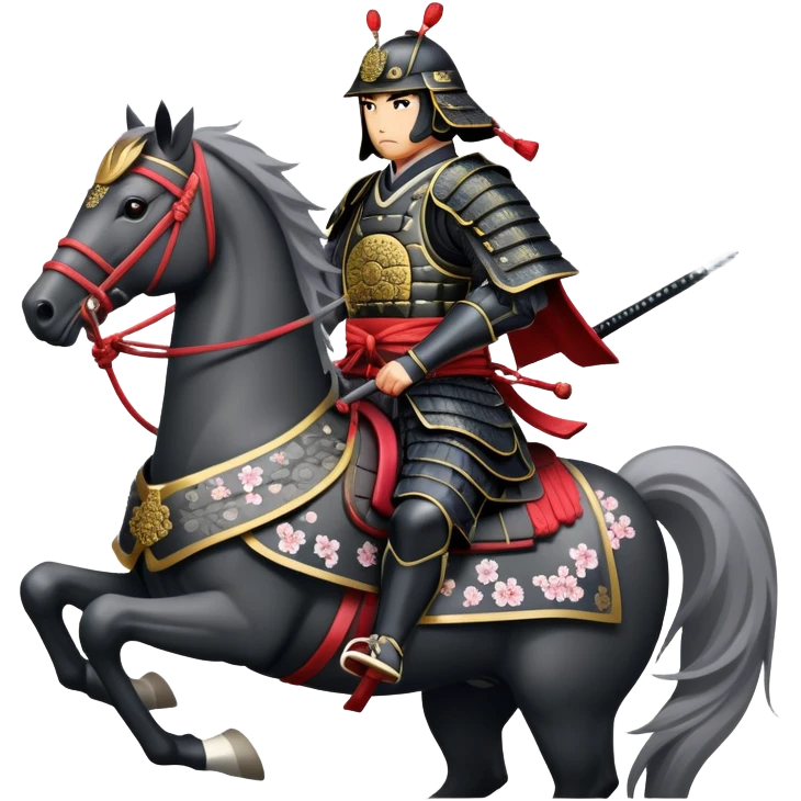 clash-of-clans-aesthetic_-cinematic-fearsome-and-majestic-samurai-bust-portrait-emoji, rendered in a flat, vector-style with minimal shading and bold, simplified shapes typical of emoji art, depicting a battle-hardened samurai with steely eyes and traditional black Japanese armor. The samurai is riding a noble grey warhorse adorned with an intricately designed saddle and fluttering banners, against a backdrop of cherry blossoms and a rising sun. a samurai on a   horse emoji