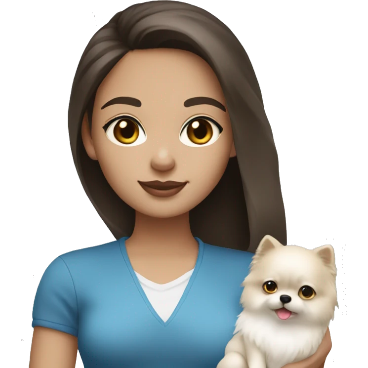 Brunette girl with light skin and blue eyes holding a white pomeranian  emoji