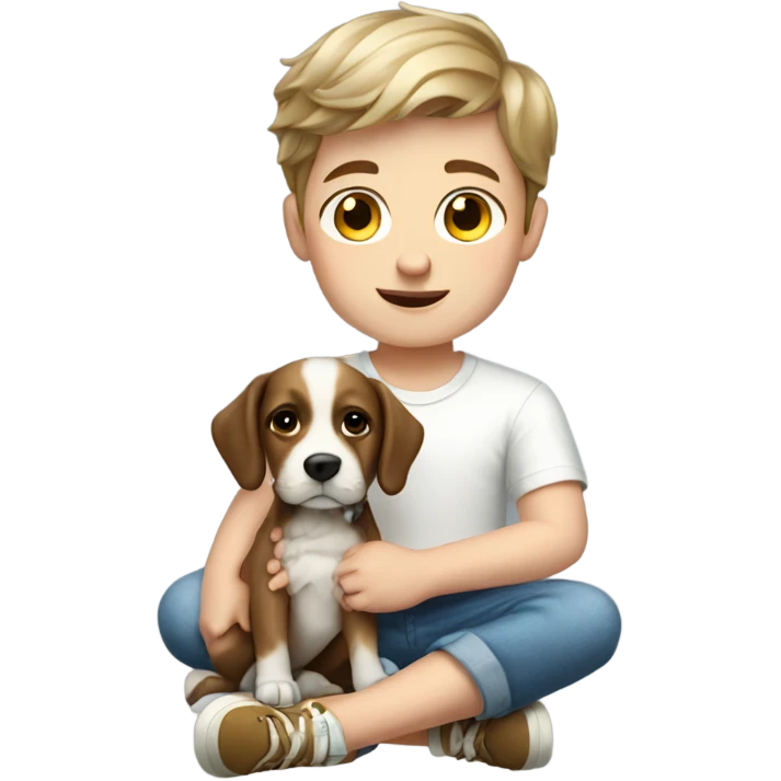 Realistic white brunette boy wearing shorts with a dog on its lap emoji