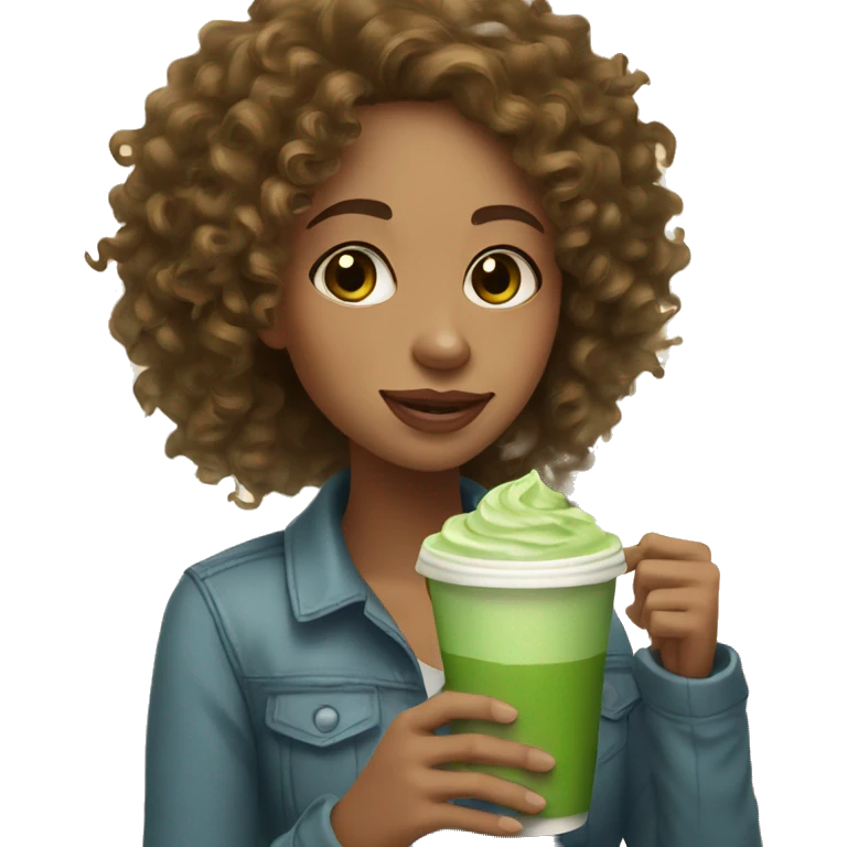 curly hair girl holding matcha latte  emoji