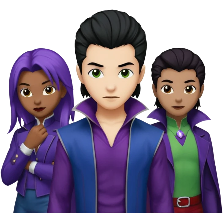 Solo poly platonic relationship, one African girl, one Asian boy, one biracial features Asian tomboy girl rat-tail hair long and upper masculine hair 90s, vampire and marvel cosplay elements inspired  use marvel colours, like instead of obvious human, green purple blue etc,  emoji