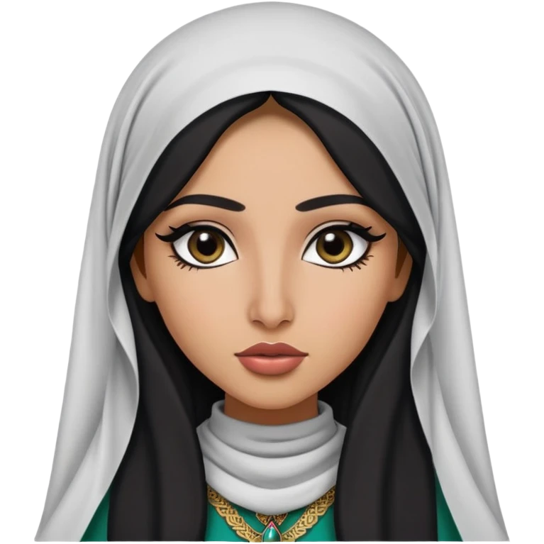 Arab nose, pretty lips, palestinian clothes, medium skin,  long hair, veil, pretty bratz baddie, black eyeliner emoji