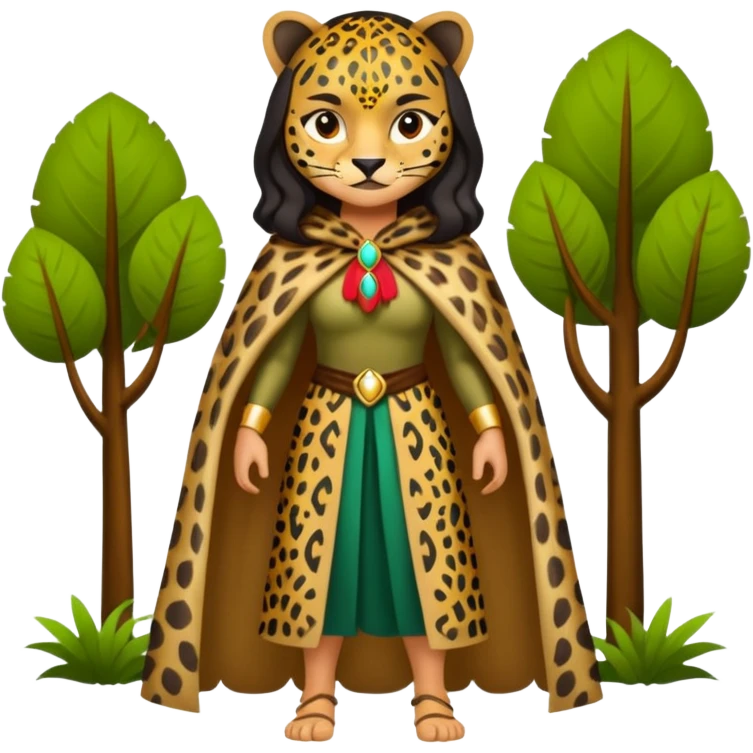 forest sticker character, latina woman dressed as jaguar spirit, spotted cloak, confident stance emoji