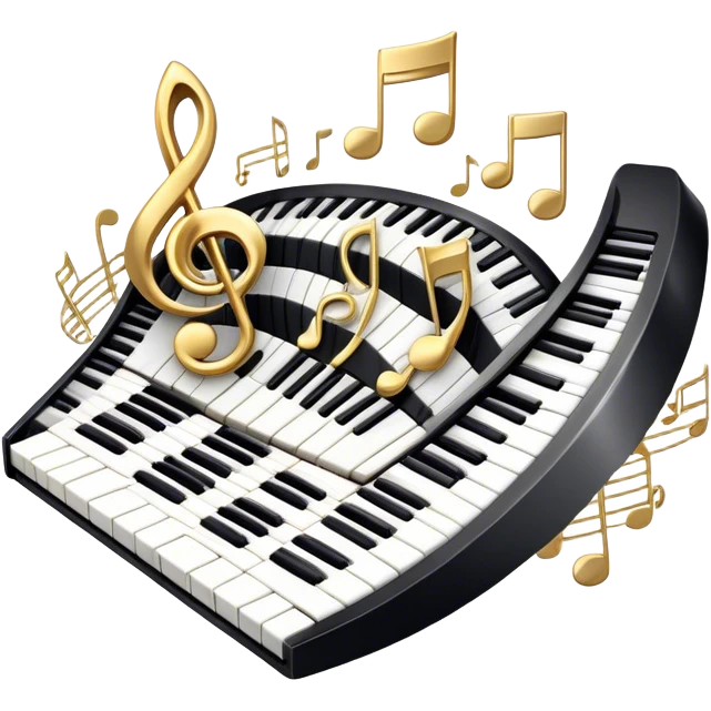 Create an elegant and festive emoji collage representing keyboard instruments, styled like a heraldic emblem. The design should feature a central focal point of black and white piano keys, arranged in a semi-circular or shield-like shape. Around the piano keys, add intertwining musical notes that form flowing ribbons, creating a dynamic and celebratory atmosphere. The design should be professional, with polished silver and gold accents on the keys and notes, highlighting the luxury and sophistication of the instruments. Add subtle shading and lighting effects to give the design a refined, 3D appearance. The background should remain transparent, and the overall feel should evoke grandeur, artistry, and a sense of celebration. emoji