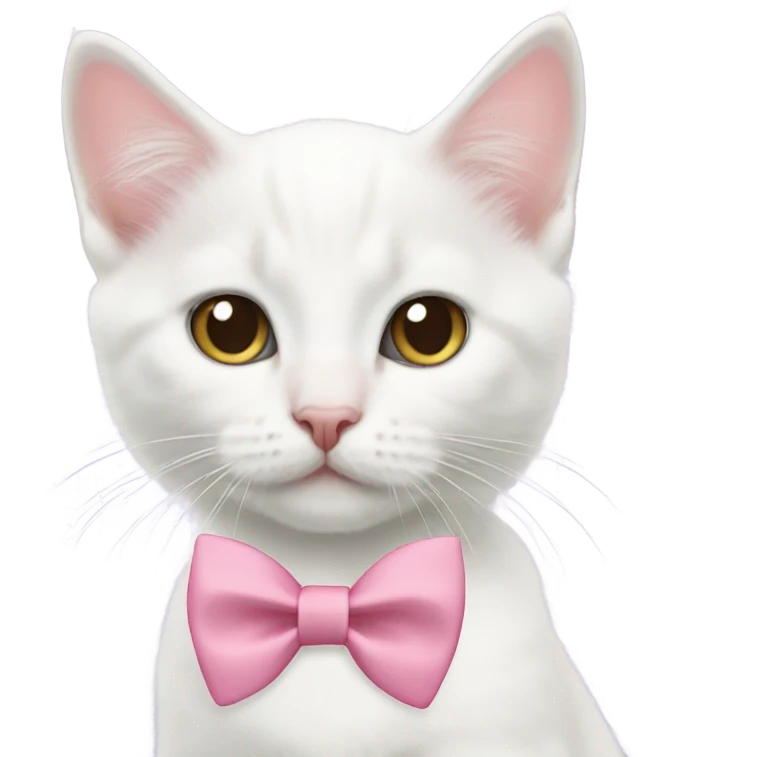 A white kitten wearing a pink bow tie emoji