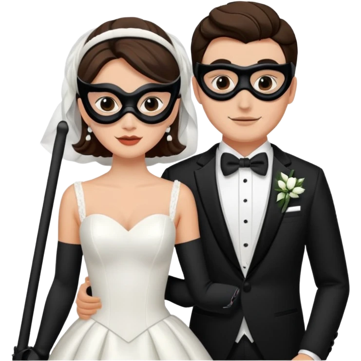 a recently marries couple skiing, masks on in wedding dress and tux emoji
