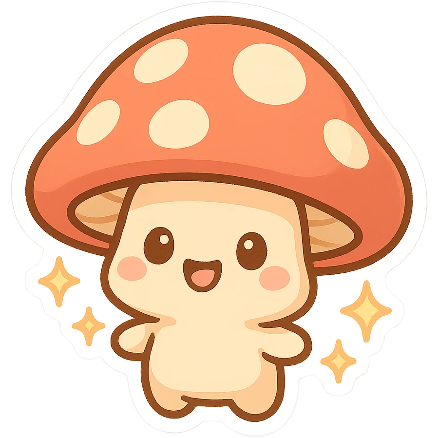 chibi sticker-style mushroom with sparkles, cute and exaggerated emoji