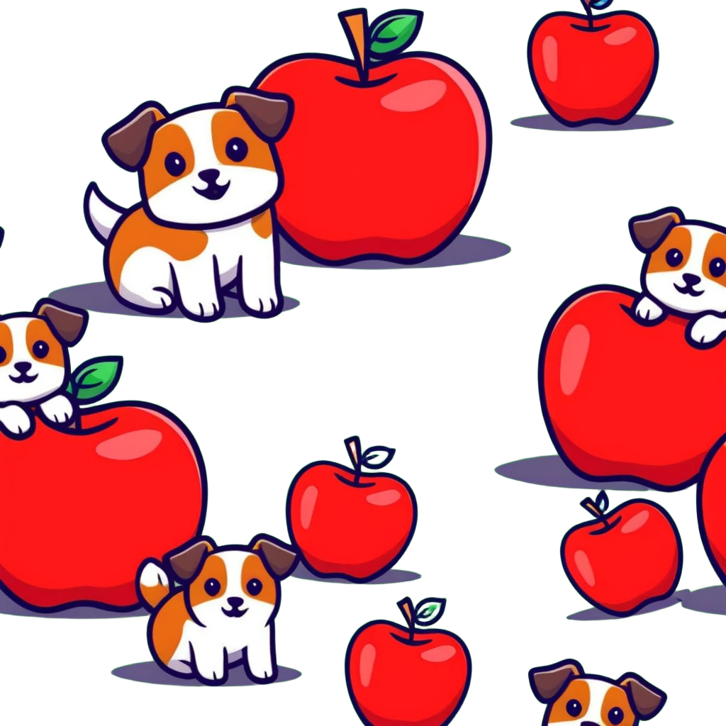 Group of cute dogs piling on a red apple emoji