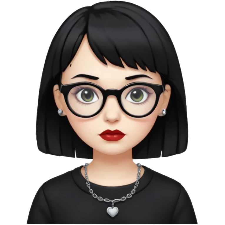 white woman with medium length black hair and baby bangs, glasses, with goth makeup and clothing  emoji