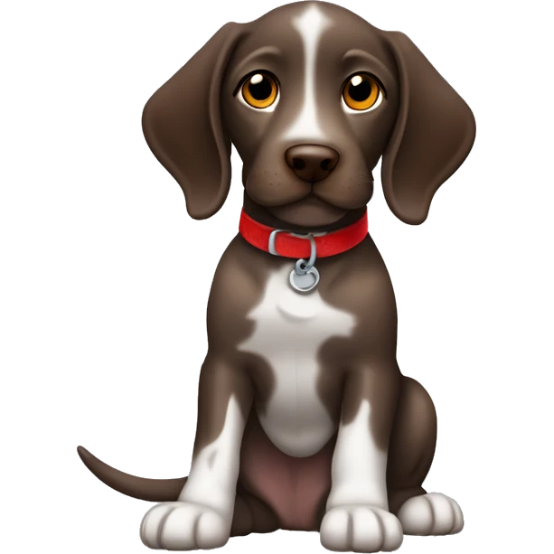 Brown spotted German short haired pointer puppy with ticking with red collar  emoji
