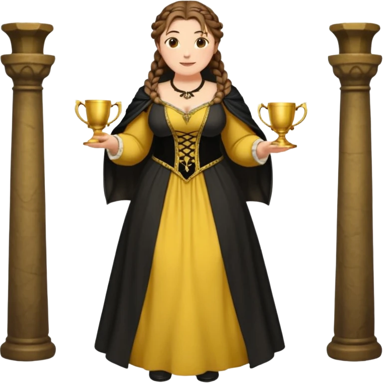 Helga Hufflepuff,brown-haired,2 braids,yellow-black medieval open dress,deep neckline,fat macromastia,black cloak decorated with gold braiding,gold cup with two handles,very kind smile,curvy busty sweet woman,round rosy cheeks,full length with medieval shoes emoji