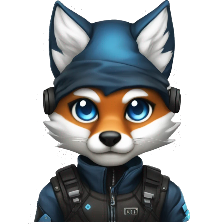 male fox, fur color 3575b, blue eyes, blue ears, black eyebrows, slim body, cyberpunk clothes, black gloves, emoji