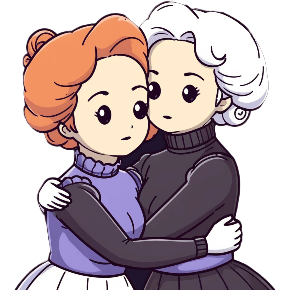 Two Victorian women with grey eyes in a sad, intimate hug. One has bright white coiffed hair, one has dark copper coiffed hair. Both wearing Victorian turtleneck dresses with arms tightly around each other. emoji