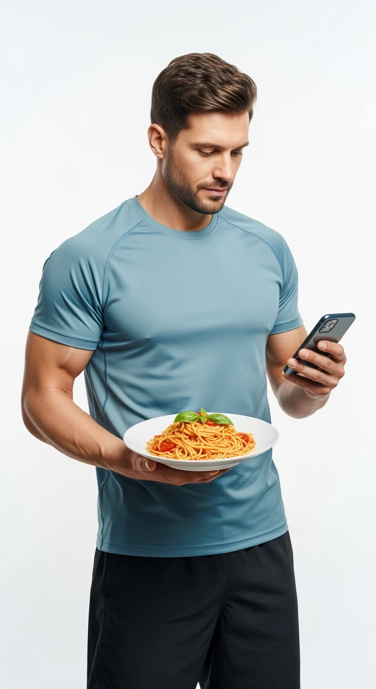 uomo fitness con piatto di pasta in mano e smartphone, sfondo bianco emoji