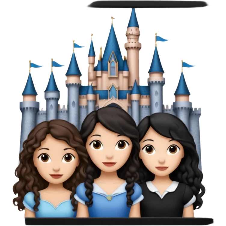 Quiero que crees una imagen donde este el castillo de Disney y por detrás o delante pon a 4 chicas: una con el pelo largo rizado marrón , otra con el pelo muy corto negro, otra con el pelo mediano liso marrón y otra con el pelo negro largo liso emoji