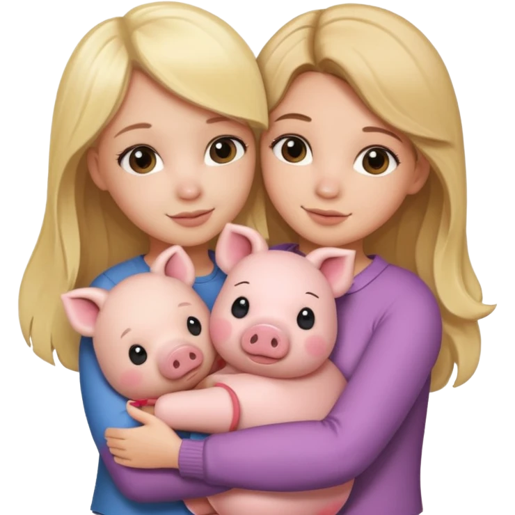 Girlfriends, blonde and brunette, hugging each other with a teddy bear and a little pig. Teddy emoji