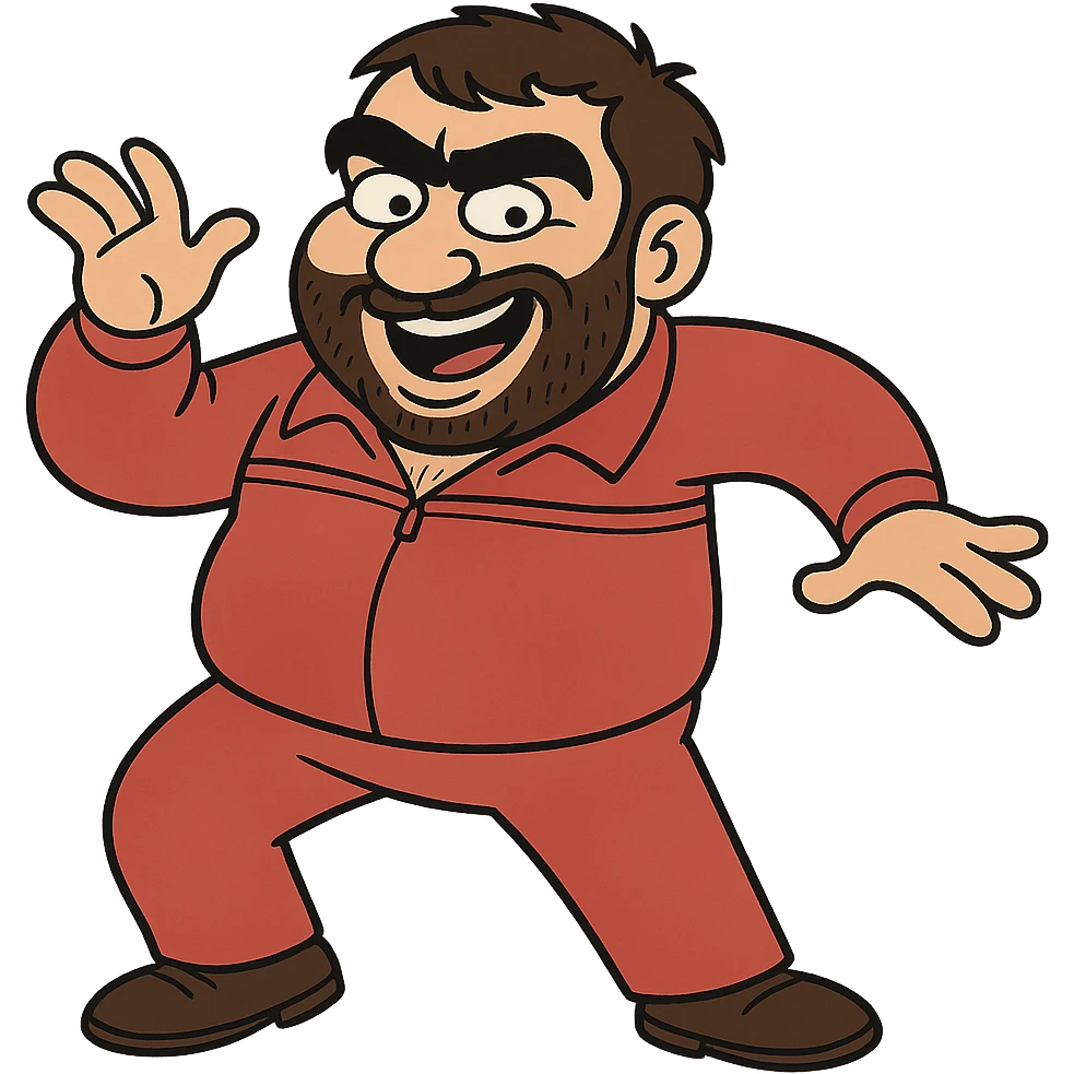 Recep İvedik, Turkish comedy character, exaggerated facial features, thick eyebrows and mustache, wearing a red tracksuit, in a playful stance, flat toon style emoji