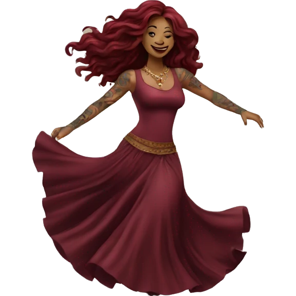 Beautiful tattooed burgundy long haired woman dancing emoji