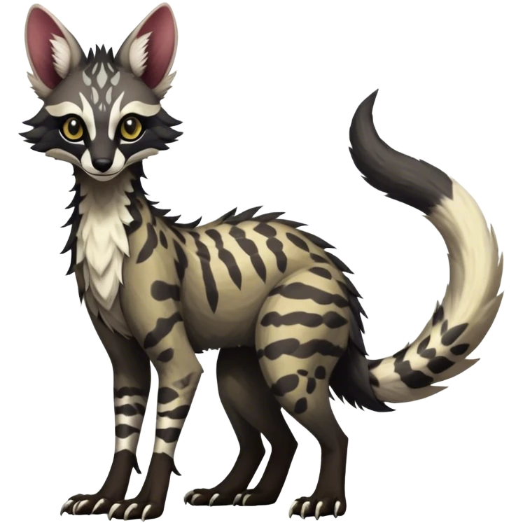 Feral Rare Fantasy dark tropical Vernid-Sergal-Genet-Trico-species by LiLaiRa, random markings, tufted tail, tufted ears, full body emoji
