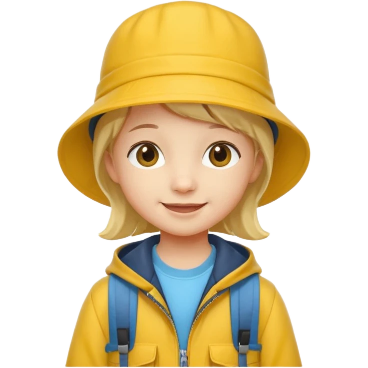 Little student wears yellow bucket hat and jacket, backpack, happy emoji