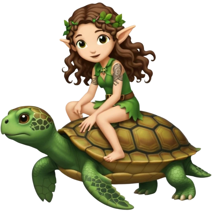 tiny forest elf long curly brown hair tattoos riding turtle emoji