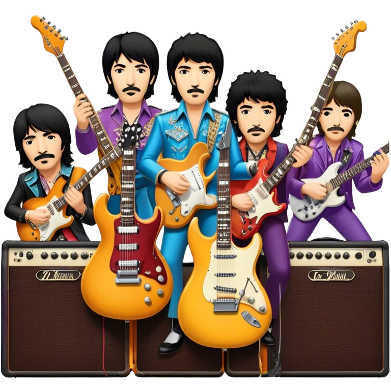 Rock music icon: collage of legendary rock stars—The Beatles, Jimi Hendrix, Elvis Presley, Queen, Nirvana, Led Zeppelin. Electric guitars, amplifiers, and microphones surrounded by vibrant stage lights and musical notes. Transparent background. emoji