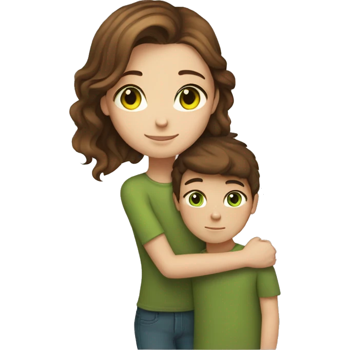 brown hair girl, with green eyes and fair skin hugging boy with light brown hair brown eyes and fair skin emoji