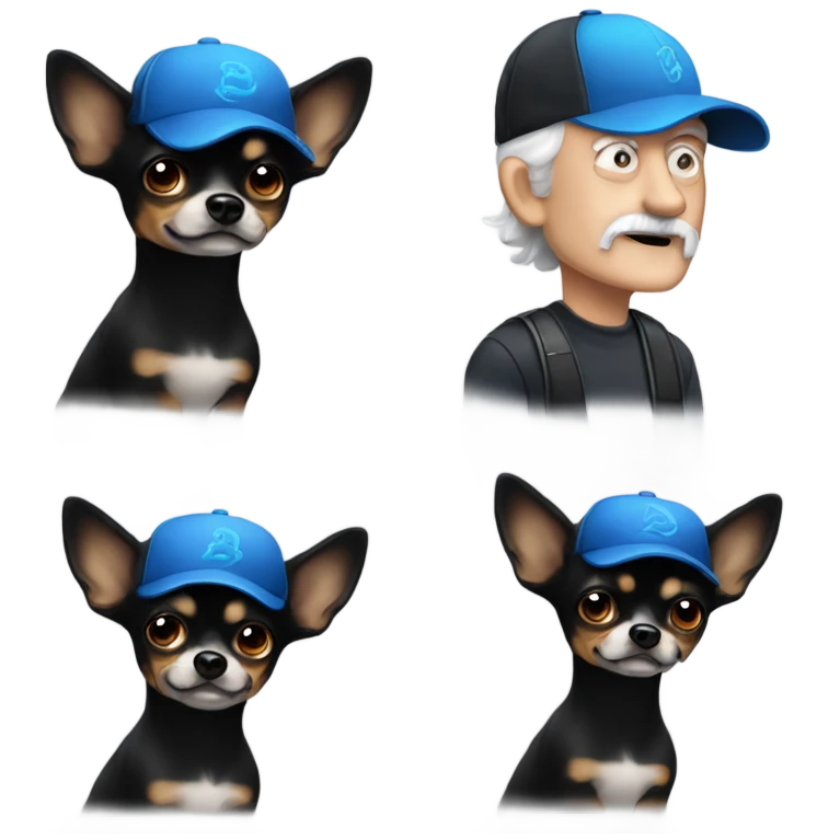Old man with blue eyes goatee ball cap  and black long haired chihuahua emoji