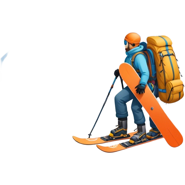 Icon for Mountain Tourism: a snow-covered peak in the distance, with skis, a snowboard, climbing gear, a backpack, and a camera. The icon should represent the adventure and exploration of mountain landscapes. Transparent background. emoji