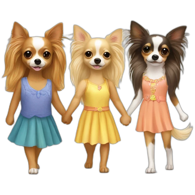 Long hair chihuahua and two girls all holding hands emoji