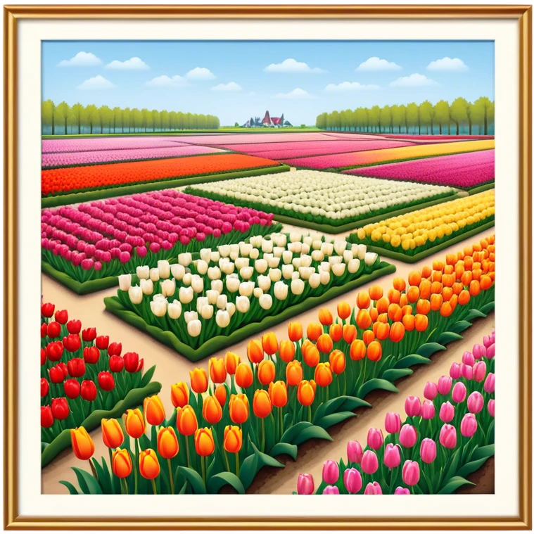 Cinematic Realistic Keukenhof Gardens Landmark Emoji, showcasing expansive tulip fields rendered with crisp, lifelike detail and radiant lighting. emoji
