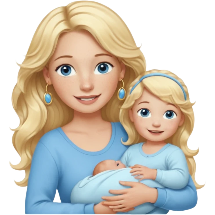 Wavy blonde, white woman with blue eyes, freckles hoop earrings, holding babies smiling and really cute in gold hoops she needs to be holding three newborns, and she needs to be more cute than pretty emoji